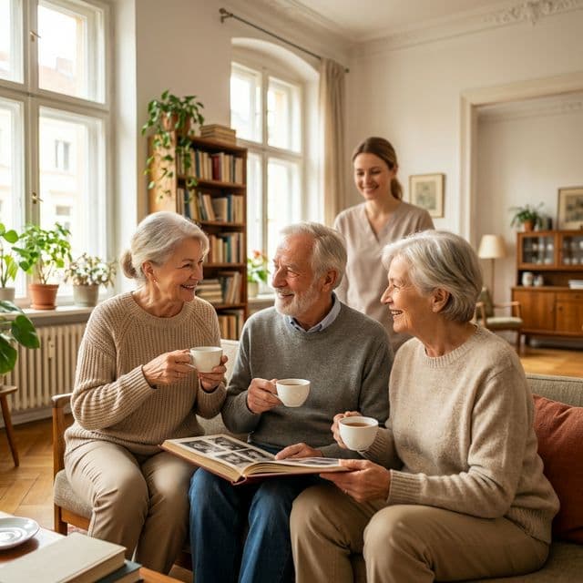 Ältere Menschen verbringen gemeinsam Zeit im Wohnzimmer